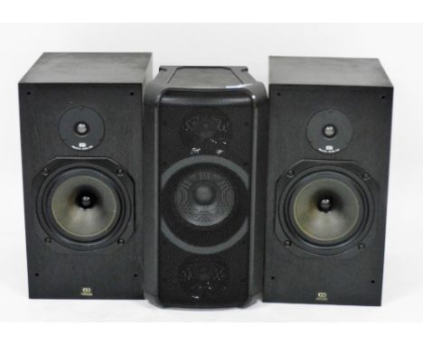 A pair of Monitor Audio Limited speakers, R300/MD, 2242, together with a Panasonic bluetooth speaker SC-TMAX5. (3) 