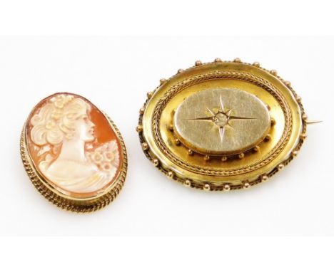 A 9ct gold and shell cameo brooch, bust portrait of a lady, with safety chain as fitted, together with a Victorian hair locke