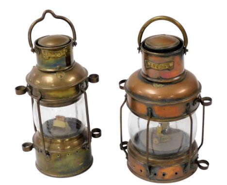 Two vintage ship's anchor lights, one with a brass coating, the other copper coated, 26cm high. 
