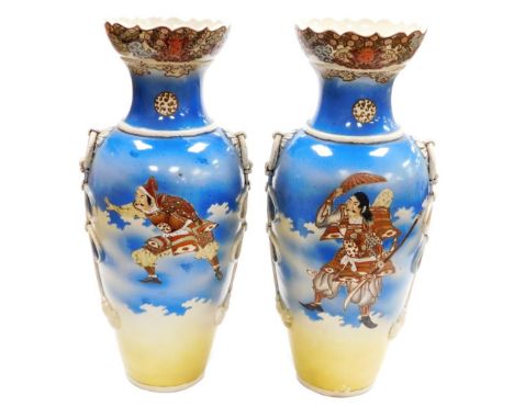 A pair of Japanese Meji period ovoid vases, with foliate rims and applied ring handles, with painted figures of Samurai on a 