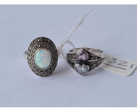 Two silver stone set ring (Opal Amethyst and Topaz) 