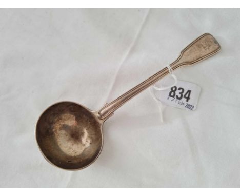 Victorian fiddle thread and crested silver sauce ladle. London 1855 by GA. 83g