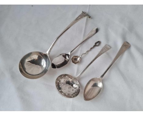 A Georgian onslow pattern sauce ladle, a sifter spoon etc.