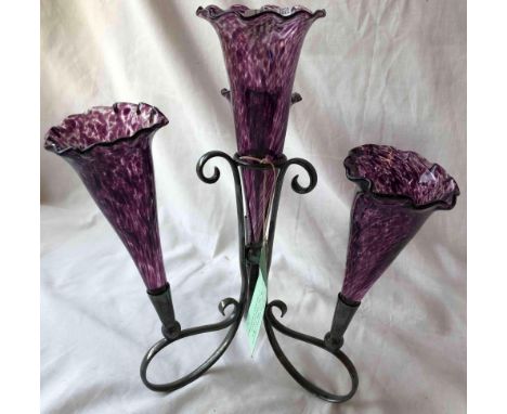 Four branch epergne with four amethyst glass flutes