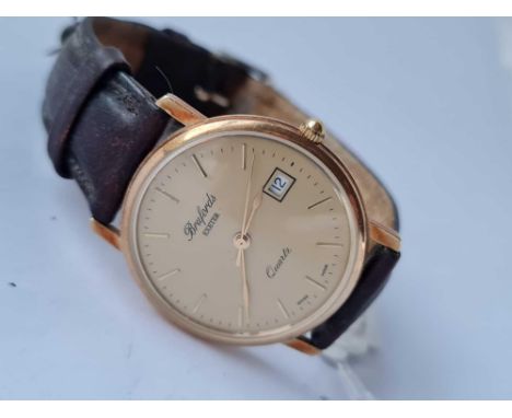 Gents quartz wrist watch by Brufords, Exeter, 9ct with seconds sweep and date aperture