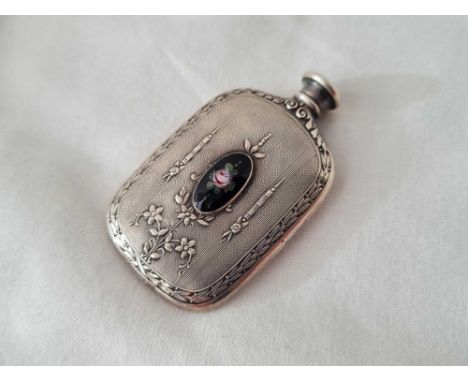 Good continental (sterling) scent bottle with enamel panel. 2" high 
