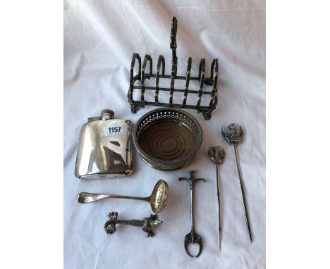 A toast rack, hip flask and other items