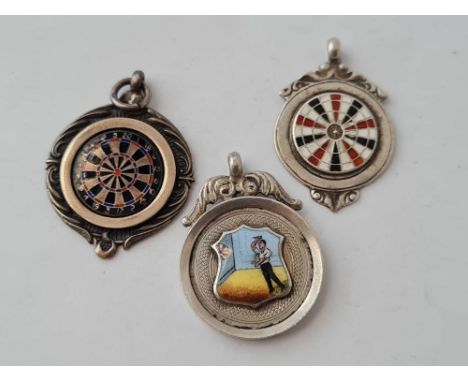 Three silver and enamel vintage darts medals 24.6g inc