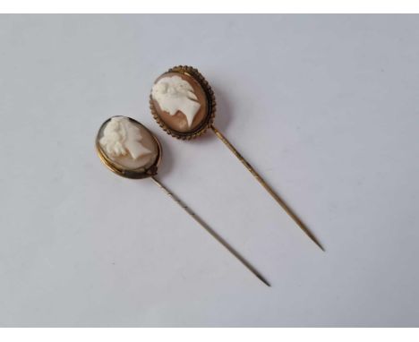 Two 19thc cameo top stick pins 