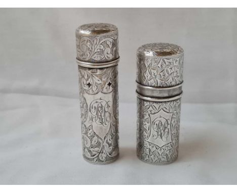 A foliage engraved Edwardian shaving stick holder and a brush holder, B'ham 1902, 55g