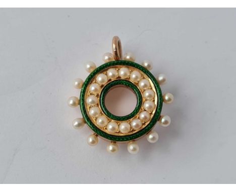 A Edwardian enamel and pearl pendant/brooch (no pin) 15ct gold tested 