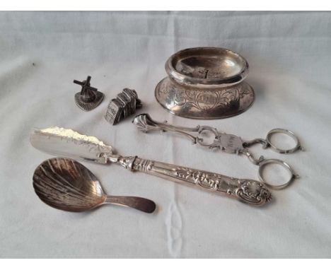A pair of Georgian scissors shaped sugar tongs by HB, a damaged caddy spoon, trenchers salt etc