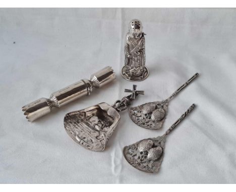 A Dutch caddy spoon, two other decorative spoons etc.