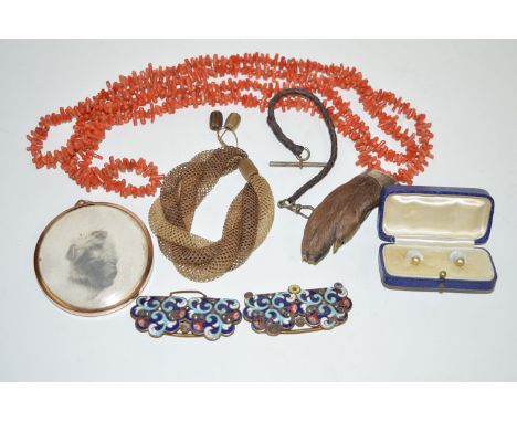 A branch coral necklace; an otter paw brooch; an enamel belt buckle; and sundries.