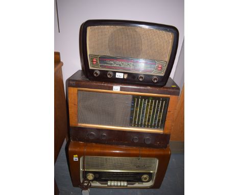 Three vintage radios, makers Phillips, Bush and Raymond.