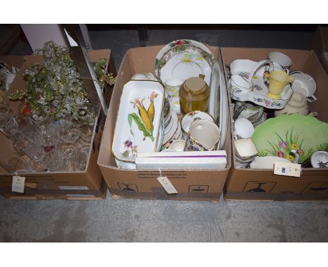 Three boxes of miscellaneous ceramics and glassware, to include: an Aynsley Strawberry dish; a Carlton ware decorated fish; e
