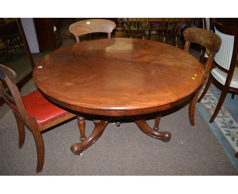 A Victorian circular mahogany tea table with moulded edge and veneered frieze, raised on a turned column with three heavy car