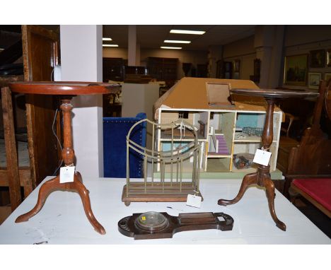 A small brass magazine rack on oak base; two wine tables; and a barometer.  (4)