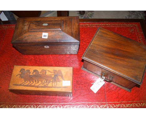 A Victorian rosewood tea caddy; an antique Italian box depicting gods and goddesses; together with an Edwardian mahogany draw