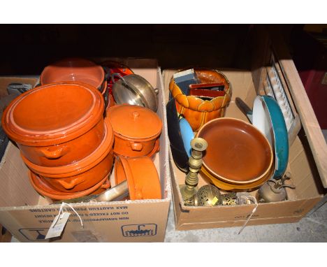 Two boxes of household pottery; brassware; and a vintage washboard.