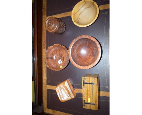 Three turned wooden bowl; an Indian jar and cover, a Tallent music box; together with a Cyprus wood jewellery drawer.  (6)