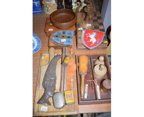 A collection of wooden ornaments, comprising: candlesticks; knife box; folding chess board; kitchenalia; inlaid box; etc.