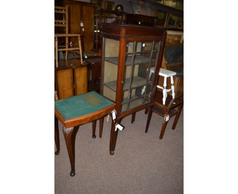 An Edwardian inlaid mahogany display cabinet; together with a side table; a two-tier coffee table; and a white painted stool.