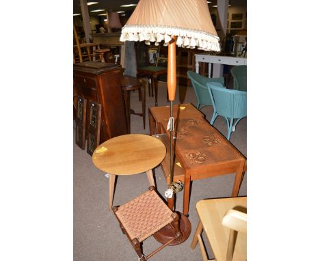 A modern stained wood and brass standard lamp with silk shade; together with an oak and ropework seat stool.