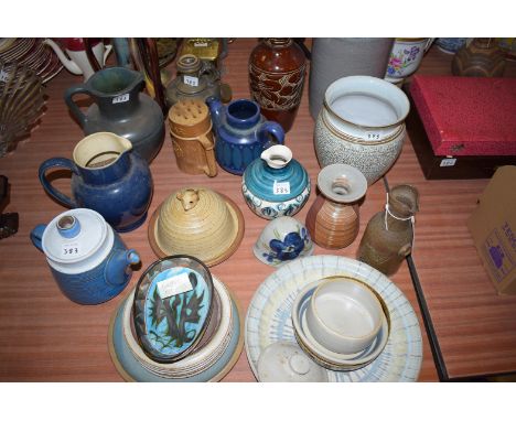 Studio pottery to include: a West Germany tall vase; a three-handled vase; a cheese dish with mouse finial; a Celtic pottery 