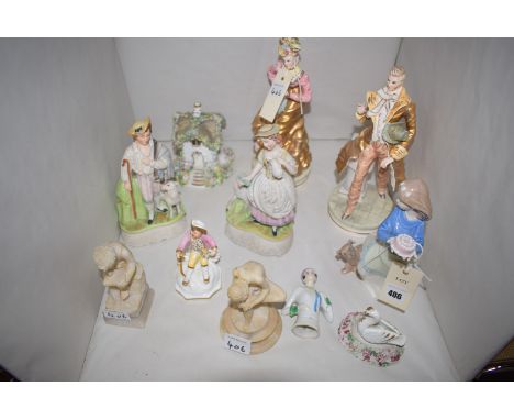 Two pairs of ceramic ornaments modelled as male and female figures; a Nao figurine; a Staffordshire incense burner in the for