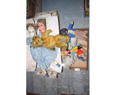 Three vintage dolls, two in original boxes; and a box of soft toys.