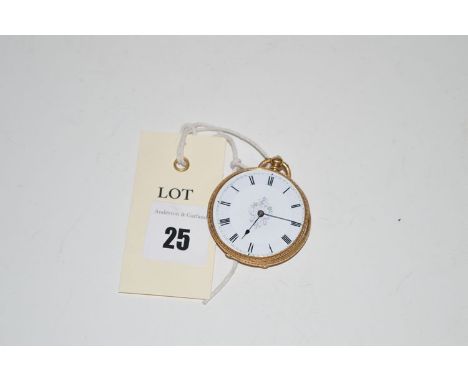 An 18ct. gold cased fob watch with decorative white enamel roman dial.
