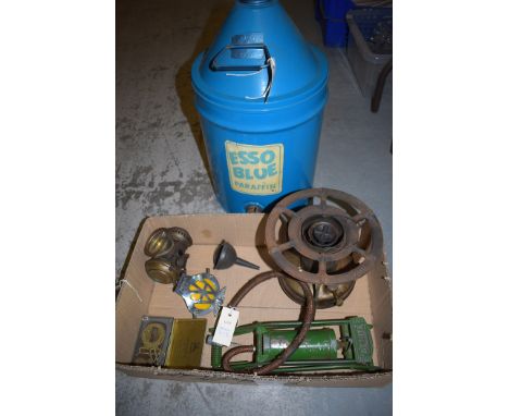 An Esso blue paraffin can; a primus stove; foot pump; an AA sign; a vintage bicycle lamp; etc.