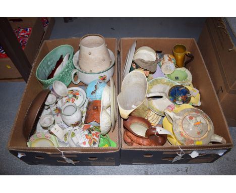 Two boxes of ceramics, including: two Royal Doulton character jugs; a Victorian trinket set; etc.