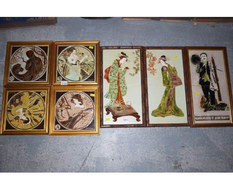 Three modern framed tiled pictures, Oriental subjects; four further ceramic tile pictures in frames, titled 'Spring', 'Summer