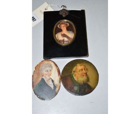 Miniature portraits - Lady holding a lamp, bodycolour; a Stobwasser style portrait of a bearded gentleman with green tie; tog