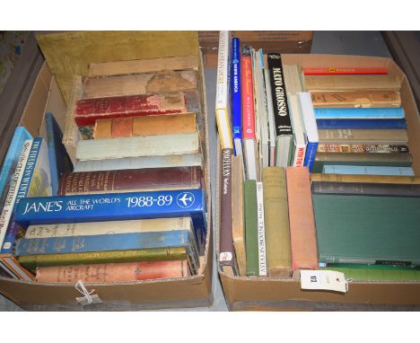 Two boxes of assorted books, including: Jane's All The Worlds Warcraft 1988-89; Tales of the Old Gate Keepers; The Mediterran
