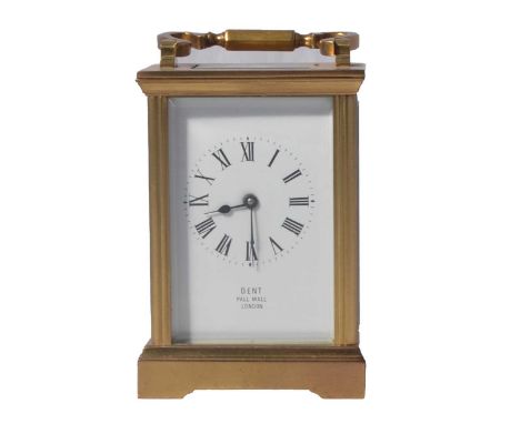 French brass cased carriage clock, white enamelled dial, signed by the retailer, Dent, Pall Mall, London, platform escapement