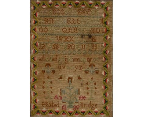 Victorian sampler, alphabeticla and numerical, Annie Mabel Bridge, 1889, 34x24cm, framed, another sampler by Sarah Spence and
