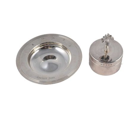 Small silver presentation dish ‘Ascot 2001’, Asprey &amp; Garrard, London 2000, 11cm; another silver cylindrical box with pal