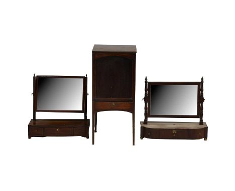 George III mahogany washstand, adapted, square hinged lid, replaced panel front over a single drawer, square tapering legs, 3