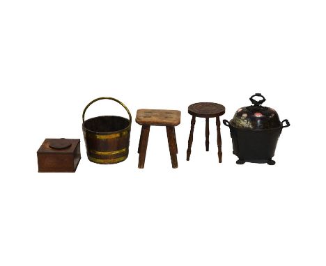 Tea caddy, metal strap bucket, two stools and a metal coal bin.Condition report:The metal hoops around the bucket are oxidise