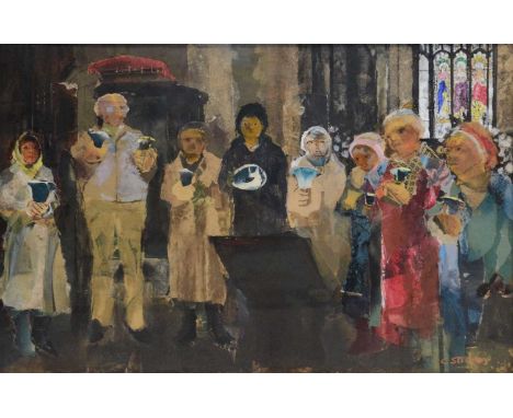 Constance Stubbs, Pakenham Bell Ringers, signed, mixed media with collage, 43 x 66cm.