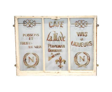 French cafe window, three glass stencilled panels, overall 71x96cm.Condition report:All three panels remain in good order, no