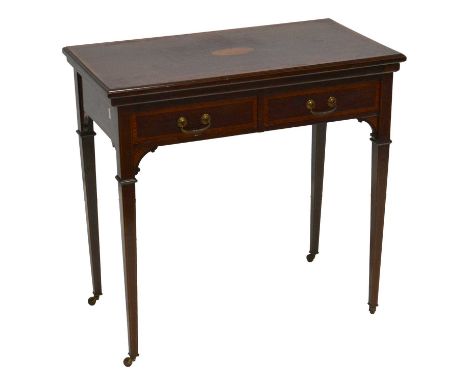 Edwardian inlaid mahogany card table, rectangular fold-over top with satinwood banding and marquetry oval, baize lined interi