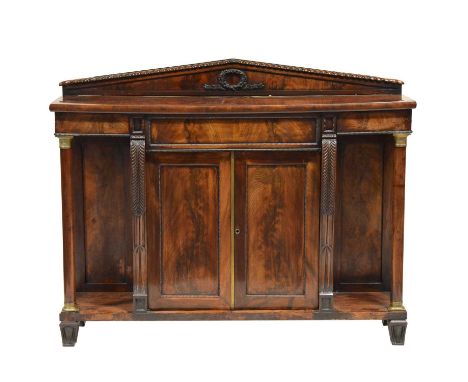 Regency mahogany chiffonier, in the manner of Gillows, raised back with gadrooned outlines, fitted with a single frieze drawe