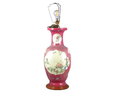 Large Chinese vase converted to a table lamp, pink swirled ground, floral panels, 60cm, old repairs and restoration.Condition