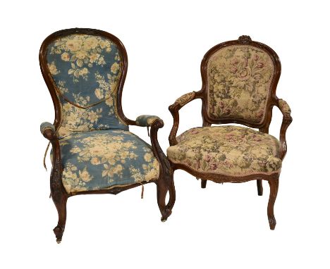 French stained walnut fauteuil, cartouche shape back, armpads and seat upholstered in machine made tapestry, width 67cm; and 