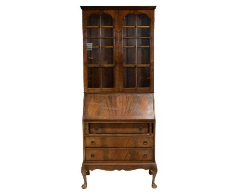 Mahogany bureau bookcase, Georgian style, moulded cornice, upper section with two arched glazed doors enclosing shelves, base