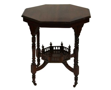 Victorian walnut window table, octagonal top, turned and ringed legs joined by a galleried shelf, 67x67cm, height 71cm.